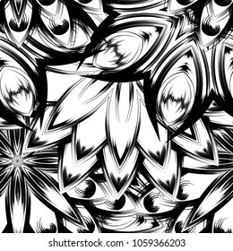 Seamless floral background. Tracery handmade nature ethnic fabric backdrop pattern with saturated dark flowers. Textile design texture. Decorative binary monochrome black and white art. Vector