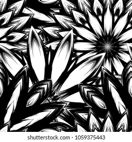 Seamless floral background. Tracery handmade nature ethnic fabric backdrop pattern with saturated dark flowers. Textile design texture. Decorative binary monochrome black and white art. Vector