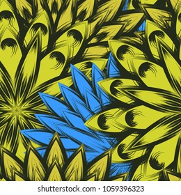 Seamless floral background. Tracery handmade nature ethnic fabric backdrop pattern with flowers. Textile design texture. Decorative color art. Vector