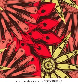 Seamless floral background. Tracery handmade nature ethnic fabric backdrop pattern with flowers. Textile design texture. Decorative color art. Vector