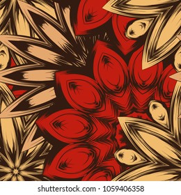 Seamless floral background. Tracery handmade nature ethnic fabric backdrop pattern with flowers. Textile design texture. Decorative color art. Vector