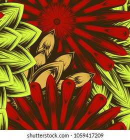Seamless floral background. Tracery handmade nature ethnic fabric backdrop pattern with flowers. Textile design texture. Decorative color art. Vector