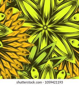 Seamless floral background. Tracery handmade nature ethnic fabric backdrop pattern with flowers. Textile design texture. Decorative color art. Vector