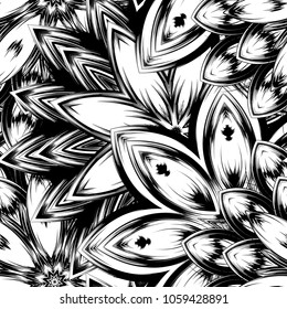 Seamless floral background. Tracery handmade nature ethnic fabric backdrop pattern with saturated dark flowers. Textile design texture. Decorative binary monochrome black and white art. Vector