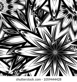 Seamless floral background. Tracery handmade nature ethnic fabric backdrop pattern with saturated dark flowers. Textile design texture. Decorative binary monochrome black and white art. Vector