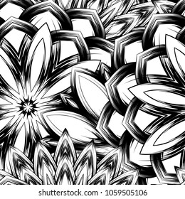 Seamless floral background. Tracery handmade nature ethnic fabric backdrop pattern with saturated dark flowers. Textile design texture. Decorative binary monochrome black and white art. Vector