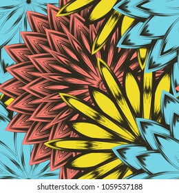 Seamless floral background. Tracery handmade nature ethnic fabric backdrop pattern with flowers. Textile design texture. Decorative color art. Vector