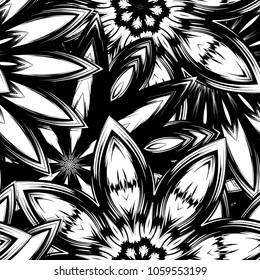 Seamless floral background. Tracery handmade nature ethnic fabric backdrop pattern with saturated dark flowers. Textile design texture. Decorative binary monochrome black and white art. Vector