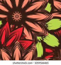 Seamless floral background. Tracery handmade nature ethnic fabric backdrop pattern with flowers. Textile design texture. Decorative color art. Vector