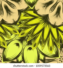 Seamless floral background. Tracery handmade nature ethnic fabric backdrop pattern with flowers. Textile design texture. Decorative color art. Vector