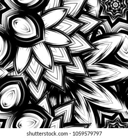 Seamless floral background. Tracery handmade nature ethnic fabric backdrop pattern with saturated dark flowers. Textile design texture. Decorative binary monochrome black and white art. Vector