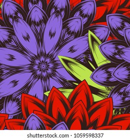 Seamless floral background. Tracery handmade nature ethnic fabric backdrop pattern with flowers. Textile design texture. Decorative color art. Vector