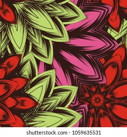 Seamless floral background. Tracery handmade nature ethnic fabric backdrop pattern with flowers. Textile design texture. Decorative color art. Vector