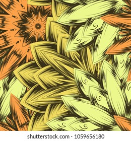 Seamless floral background. Tracery handmade nature ethnic fabric backdrop pattern with flowers. Textile design texture. Decorative color art. Vector