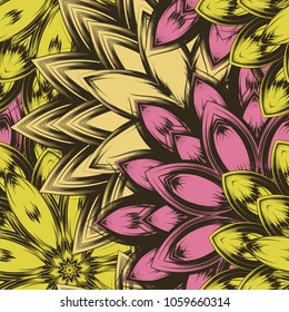 Seamless floral background. Tracery handmade nature ethnic fabric backdrop pattern with flowers. Textile design texture. Decorative color art. Vector