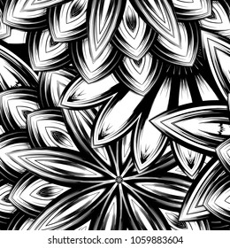 Seamless floral background. Tracery handmade nature ethnic fabric backdrop pattern with saturated dark flowers. Textile design texture. Decorative binary monochrome black and white art. Vector