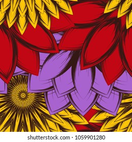 Seamless floral background. Tracery handmade nature ethnic fabric backdrop pattern with flowers. Textile design texture. Decorative color art. Vector