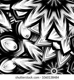 Seamless floral background. Tracery handmade nature ethnic fabric backdrop pattern with saturated dark flowers. Textile design texture. Decorative binary monochrome black and white art. Vector