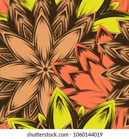 Seamless floral background. Tracery handmade nature ethnic fabric backdrop pattern with flowers. Textile design texture. Decorative color art. Vector