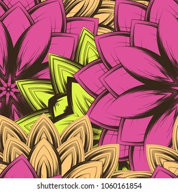 Seamless floral background. Tracery handmade nature ethnic fabric backdrop pattern with flowers. Textile design texture. Decorative color art. Vector