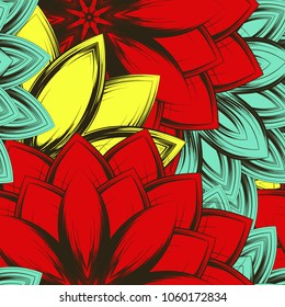 Seamless floral background. Tracery handmade nature ethnic fabric backdrop pattern with flowers. Textile design texture. Decorative color art. Vector