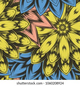 Seamless floral background. Tracery handmade nature ethnic fabric backdrop pattern with flowers. Textile design texture. Decorative color art. Vector