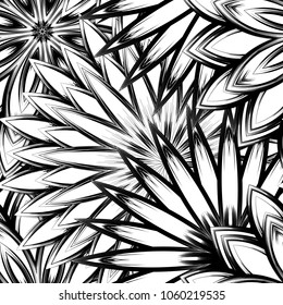 Seamless floral background. Tracery handmade nature ethnic fabric backdrop pattern with saturated dark flowers. Textile design texture. Decorative binary monochrome black and white art. Vector
