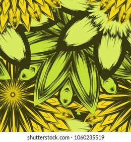 Seamless floral background. Tracery handmade nature ethnic fabric backdrop pattern with flowers. Textile design texture. Decorative color art. Vector