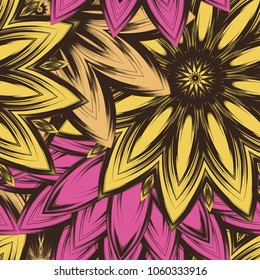 Seamless floral background. Tracery handmade nature ethnic fabric backdrop pattern with flowers. Textile design texture. Decorative color art. Vector