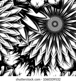 Seamless floral background. Tracery handmade nature ethnic fabric backdrop pattern with saturated dark flowers. Textile design texture. Decorative binary monochrome black and white art. Vector