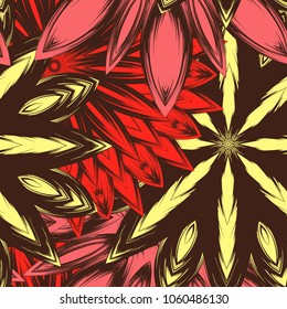 Seamless floral background. Tracery handmade nature ethnic fabric backdrop pattern with flowers. Textile design texture. Decorative color art. Vector