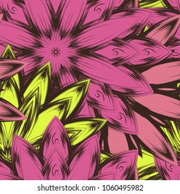 Seamless floral background. Tracery handmade nature ethnic fabric backdrop pattern with flowers. Textile design texture. Decorative color art. Vector