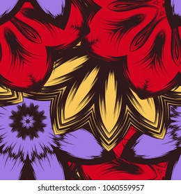 Seamless floral background. Tracery handmade nature ethnic fabric backdrop pattern with flowers. Textile design texture. Decorative color art. Vector