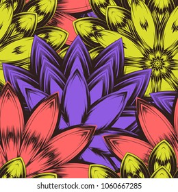 Seamless floral background. Tracery handmade nature ethnic fabric backdrop pattern with flowers. Textile design texture. Decorative color art. Vector