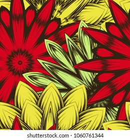 Seamless floral background. Tracery handmade nature ethnic fabric backdrop pattern with flowers. Textile design texture. Decorative color art. Vector