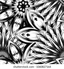 Seamless floral background. Tracery handmade nature ethnic fabric backdrop pattern with saturated dark flowers. Textile design texture. Decorative binary monochrome black and white art. Vector