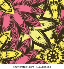 Seamless floral background. Tracery handmade nature ethnic fabric backdrop pattern with flowers. Textile design texture. Decorative color art. Vector