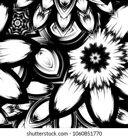 Seamless floral background. Tracery handmade nature ethnic fabric backdrop pattern with saturated dark flowers. Textile design texture. Decorative binary monochrome black and white art. Vector
