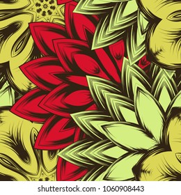 Seamless floral background. Tracery handmade nature ethnic fabric backdrop pattern with flowers. Textile design texture. Decorative color art. Vector
