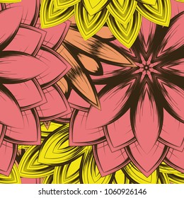 Seamless floral background. Tracery handmade nature ethnic fabric backdrop pattern with flowers. Textile design texture. Decorative color art. Vector