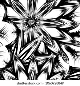 Seamless floral background. Tracery handmade nature ethnic fabric backdrop pattern with saturated dark flowers. Textile design texture. Decorative binary monochrome black and white art. Vector