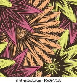Seamless floral background. Tracery handmade nature ethnic fabric backdrop pattern with flowers. Textile design texture. Decorative color art. Vector