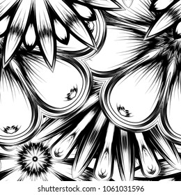 Seamless floral background. Tracery handmade nature ethnic fabric backdrop pattern with saturated dark flowers. Textile design texture. Decorative binary monochrome black and white art. Vector