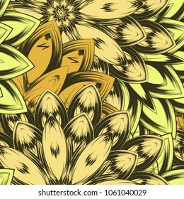 Seamless floral background. Tracery handmade nature ethnic fabric backdrop pattern with flowers. Textile design texture. Decorative color art. Vector