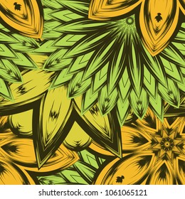 Seamless floral background. Tracery handmade nature ethnic fabric backdrop pattern with flowers. Textile design texture. Decorative color art. Vector