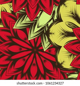 Seamless floral background. Tracery handmade nature ethnic fabric backdrop pattern with flowers. Textile design texture. Decorative color art. Vector