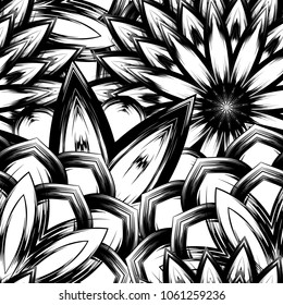 Seamless floral background. Tracery handmade nature ethnic fabric backdrop pattern with saturated dark flowers. Textile design texture. Decorative binary monochrome black and white art. Vector