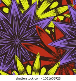 Seamless floral background. Tracery handmade nature ethnic fabric backdrop pattern with flowers. Textile design texture. Decorative color art. Vector
