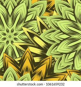 Seamless floral background. Tracery handmade nature ethnic fabric backdrop pattern with flowers. Textile design texture. Decorative color art. Vector
