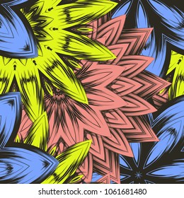 Seamless floral background. Tracery handmade nature ethnic fabric backdrop pattern with flowers. Textile design texture. Decorative color art. Vector